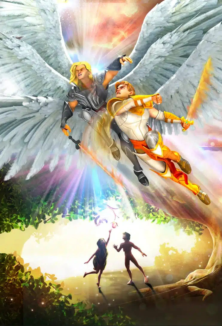 Figuras angélicas se elevan sobre Adán y Eva cuando buscan el fruto prohibido bajo un árbol resplandeciente.