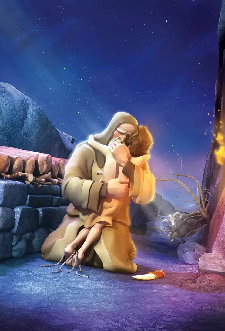 Una figura con túnica abraza a un niño cerca de un altar, con un carnero al fondo bajo un cielo estrellado.