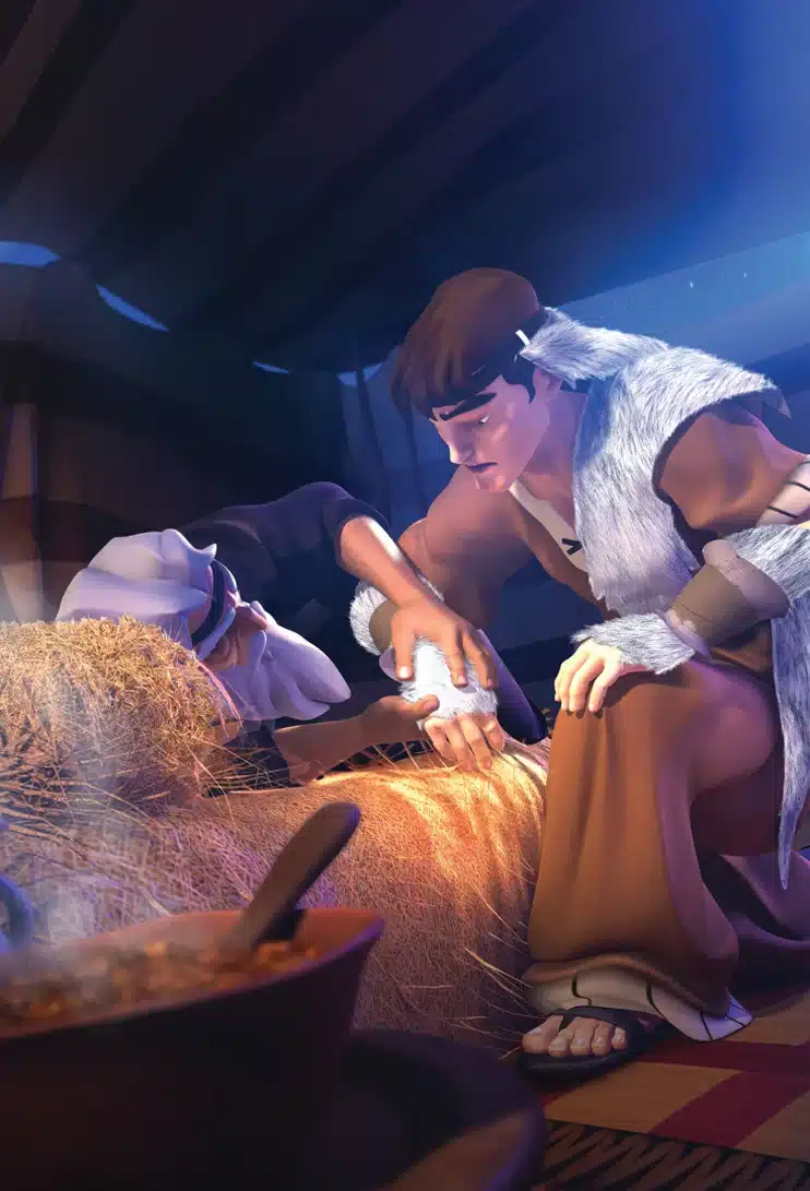 Un joven se arrodilla junto a un anciano ciego en una tienda, con un cuenco de estofado cerca, representando a Jacob engañando a Isaac.