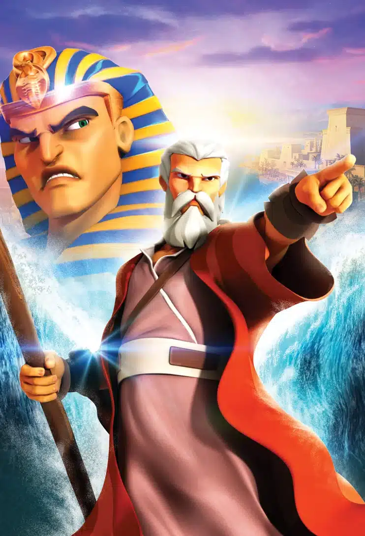 Un anciano con un bastón divide el mar mientras detrás se perfila el rostro airado del Faraón, representando a Moisés guiando a los israelitas en la historia del Éxodo.